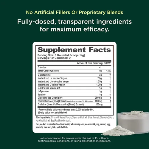 Miniatura 2 de Polvo GENIUS BCAA con Focus & Energy. Polvo multiuso natural vegano para preentrenamiento BCAAs, para mejorar la claridad mental y la recuperación