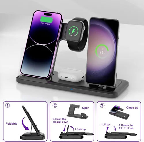 Miniatura 4 de Cargador inalámbrico para estación de carga de iPhone, plegable 4 en 1, carga rápida para iPhone 16, 15, 14, 13, 12 Pro Max, soporte de cargador