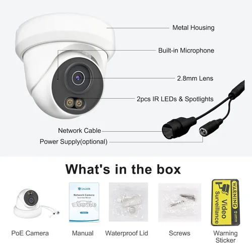 Miniatura 9 de UNILOOK Cámara PoE de 4 MP, Cámara de seguridad IP PoE de torreta para interiores y exteriores con cable, visión nocturna de doble luz inteligente