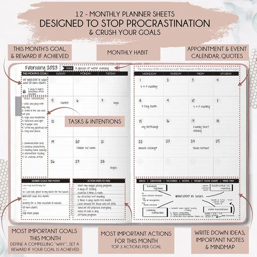 Miniatura 4 de Agenda de vida y objetivos: agenda diaria, semanal y mensual sin fecha para pasión, organizador, aumento de la productividad, propósito, éxito y Oro