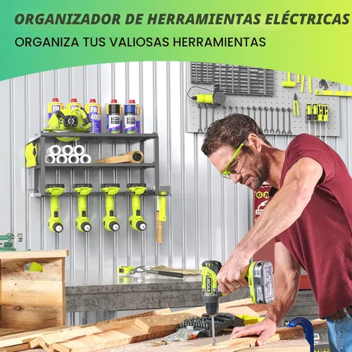 Miniatura 7 de SUNALLY Organizador de herramientas eléctricas, hierro resistente, estante de almacenamiento de 3 capas con 4 soportes para taladro, estante