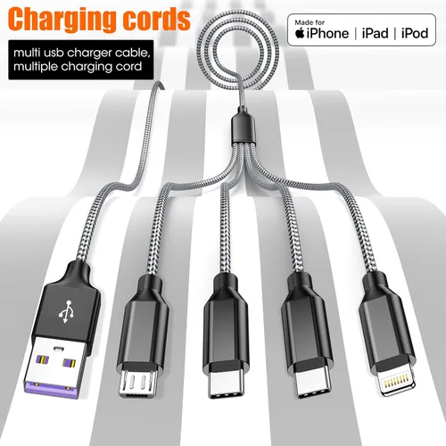 Miniatura 5 de Doub Tyep-C 4 en 1 cable de carga múltiple de 4 pies, cable de carga de nailon trenzado Lightning para iPhone, cable de carga universal con tipo C
