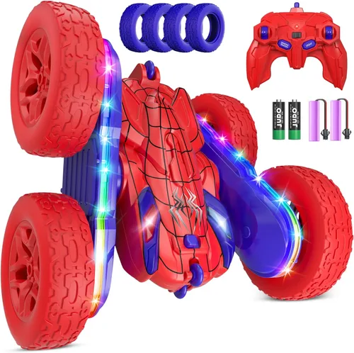 Miniatura 9 de Jimdella Auto de control remoto, autos RC con tira de luz lateral y faros, auto de acrobacias RC giratorio de doble cara de 360°, juguetes todo LED