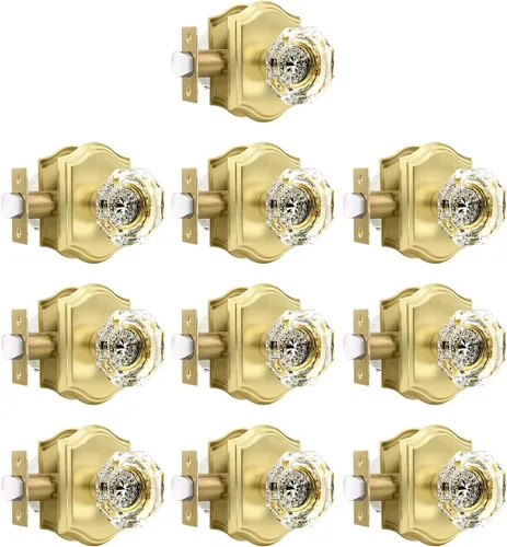 Miniatura 14 de Gobrico Paquete de 5 pomos de puerta de cristal de paso en latón antiguo para pasillo, armario, lavandería, forma octágono transparente, sin llave