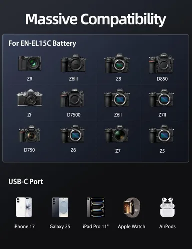 Miniatura 6 de llano Paquete de 2 baterías Aurora EN-EL15C de 2600 mAh y cargador USB-C de 20 W para Nikon Z8, Zf, Z6III, D850, Z7II, Z6II, Z7, Z6, D7500, D750