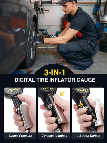 Miniatura 4 de AZUNO Inflador de neumáticos digital con manómetro, 200 PSI, accesorios de compresor de aire resistentes, con manguera de goma, bloqueo