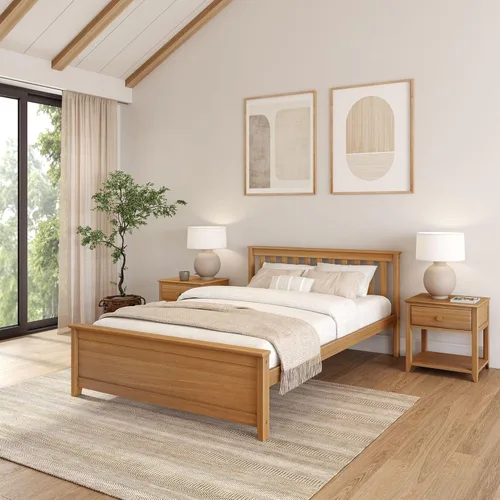 Miniatura 24 de Plank+Beam Estructura de cama individual de madera maciza, cama plataforma con cabecero, color nogal