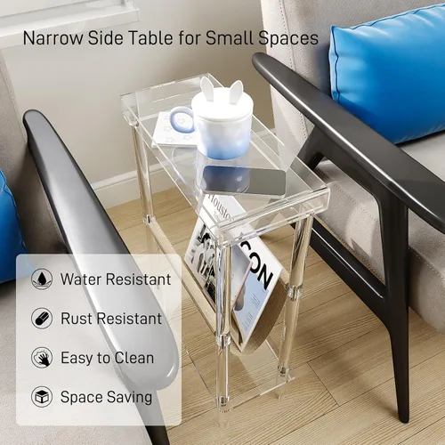 Miniatura 5 de Mesa auxiliar estrecha de acrílico Eglaf para espacios pequeños, mesa auxiliar delgada Skinny Side Table with Magazine Holder, Small Bedside Table