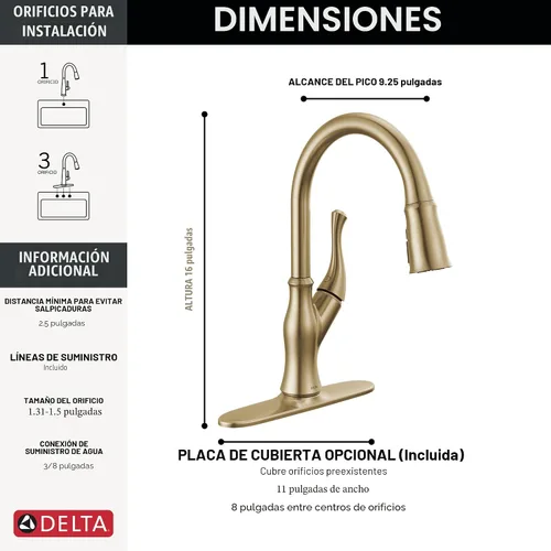Miniatura 4 de DELTA Ophelia - Grifo de cocina de oro cepillado con pulverizador extraíble, grifo de fregadero de cocina de un solo agujero moderno, una sola