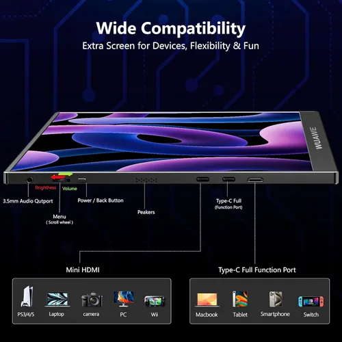 Miniatura 4 de WUAWE Monitor Portátil de 16 pulgadas 1920x1200P 16:10 IPS Monitor de viaje para laptop con soporte integrado, control 100% sRGB USB-C HDMI