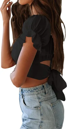 Miniatura 4 de LYANER - Blusa ombliguera para mujer de manga corta con volantes, nudo en la espalda y hombros descubiertos, blusa estilo Bardot