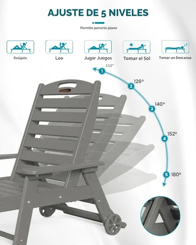 Miniatura 4 de Ciokea Silla de Descanso para Exteriores, Tumbona de Gran Tamaño con 5 Posiciones, HDPE, Silla de Descanso de Patio con Ruedas y Portavasos para Gris