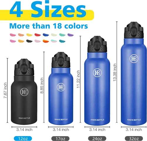 Miniatura 2 de Han's Bottle Botella de agua para niños con tapa con pajilla, vaso reutilizable de acero inoxidable aislado para niñas, niños, taza térmica, 12