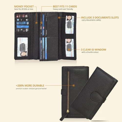 Miniatura 2 de Cartera de piel auténtica para mujer con bloqueo RFID, tarjetero triple para mujer, con ventana de identificación