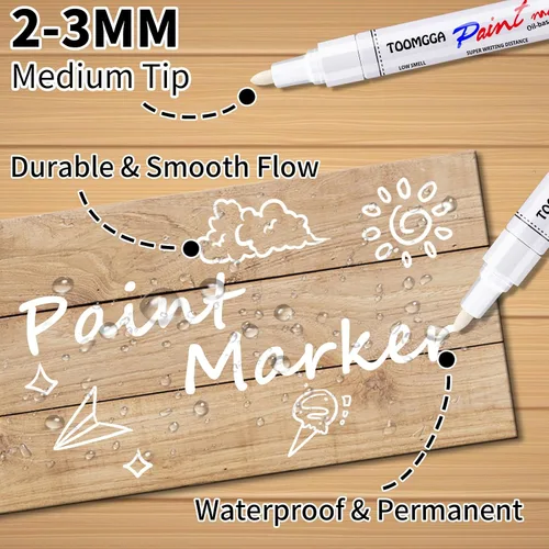 Miniatura 7 de Rotuladores de pintura blanca permanentes - Juego de 12 marcadores de pintura con base de aceite, punta media, secan rápido y son impermeables