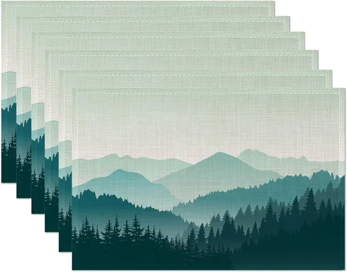 Juego de 6 manteles individuales de paisaje de montaña, abstracto, bosque de montaña brumosa, lavables, para cocina, comedor, resistentes al calor,