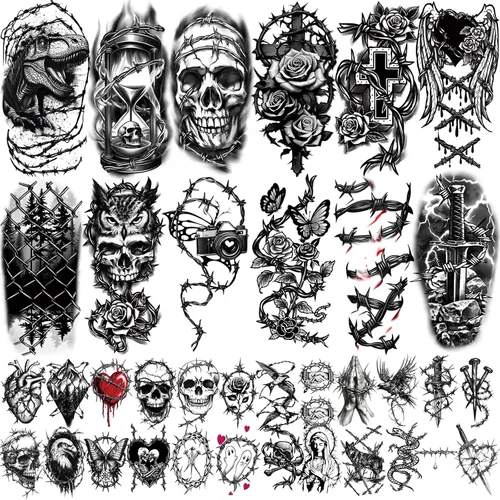 Miniatura 10 de 77 hojas de tatuajes temporales geométricos de animales, 17 hojas de medio brazo 3D de leones, zorro, lobo, búho, tigre, tatuajes falsos