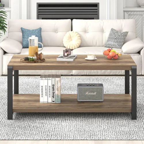 Miniatura 7 de EXCEFUR Mesa de Centro Moderna, Mesa Central de Madera Rústica y Metal para Sala de Estar, Mesa de Cóctel y Té Rectangular Industrial con Roble