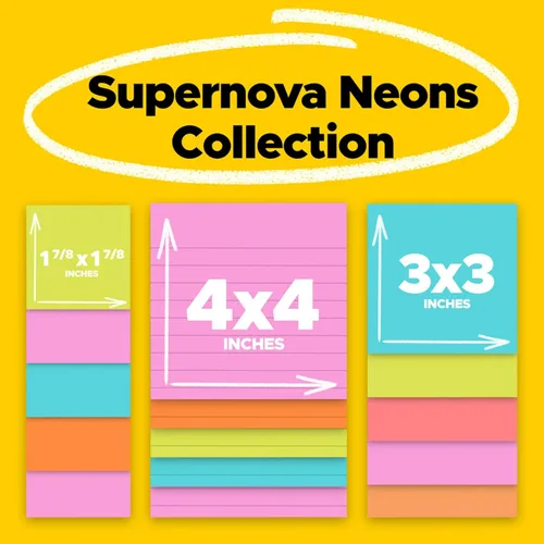 Post-it Notas superadhesivas multi-tamaño Supernova Neons | Con líneas | Doble poder de pegado | 15 blocs, paquete de 12