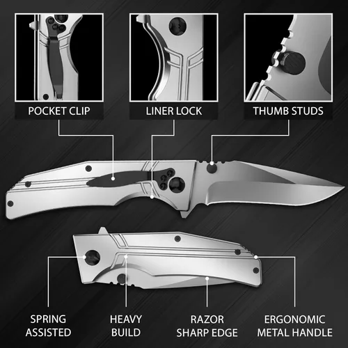 Miniatura 4 de Navaja de bolsillo para hombres y mujeres - Hoja plegable afilada de 3.5" con mango de aluminio y clip de bolsillo - Elegantes navajas grises