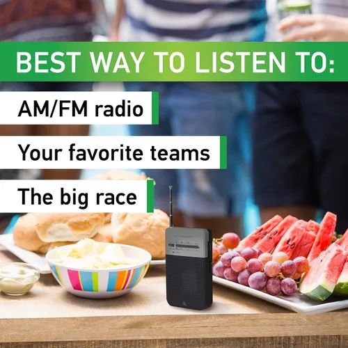Miniatura 6 de Acoustic Research Radio AM/FM portátil – Acabado de goma negro y gris con clip para cinturón, altavoz integrado y auriculares; funciona