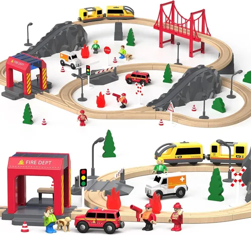 Giant bean Juego de Tren Eléctrico de Vía de Madera de Estación de Bomberos de 72 Piezas, Kits de Juguete Ferroviario Empaquetados como Regalo para