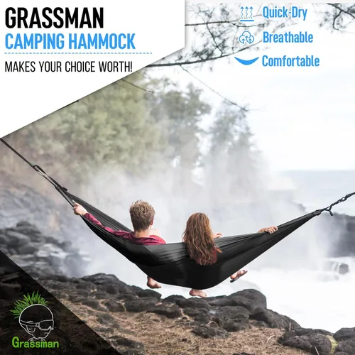Miniatura 8 de Grassman Hamaca de camping doble y individual hamaca portátil con correas de árbol, hamacas de paracaídas de nailon ligero, accesorios