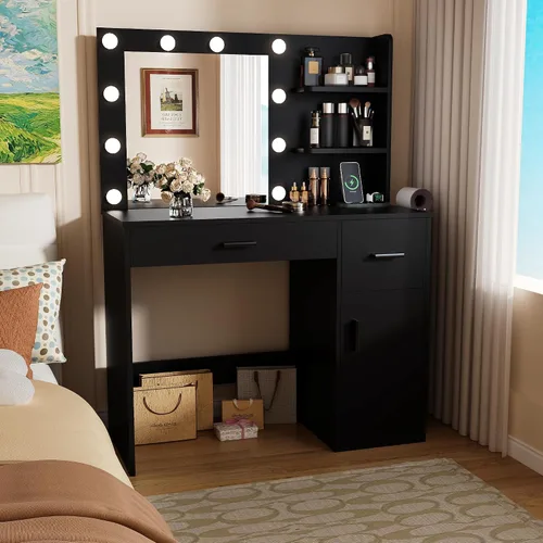 Miniatura 10 de Furmax Escritorio de tocador con espejo iluminado LED y toma de corriente, mesa de tocador de maquillaje con 4 cajones, 3 estantes de almacenamiento