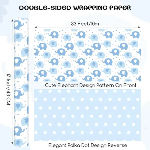 Miniatura 2 de woric Rollo de papel de regalo reversible para baby shower, de 17 pulgadas x 33 pies, papel de regalo para bebé niño con diseño de elefante azul