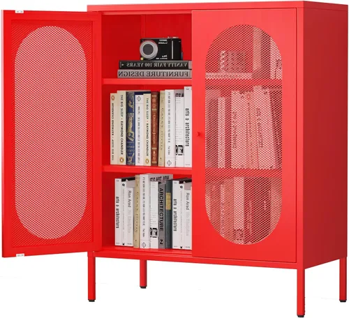 Miniatura 17 de Gabinete de almacenamiento de metal, soporte de TV de 2 puertas, armario decorativo con puertas y estante ajustable, armario de metal, mesita