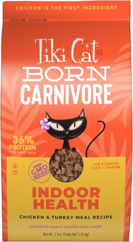 Tiki Cat Born Carnivore Alto en Proteína, Salud para Interior, Receta de Comida de Pollo y Pavo, Sin Granos, Galletas Horneadas para Maximizar
