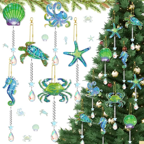 Miniatura 7 de Tradder Juego de 6 piezas de arte de diamantes para adultos, adorno de arte de diamante, campanillas de viento de doble cara con colgante de cristal