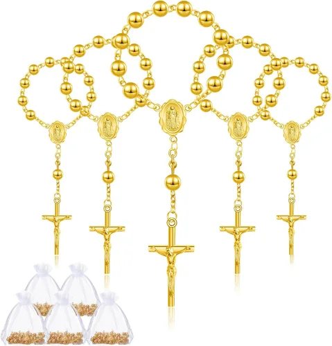 Miniatura 7 de Sasylvia Juego de 60 piezas de recuerdos de bautismo, 30 piezas chapadas, rosario de bautismo, rosarios católicos de dedos y 30 bolsas de organza