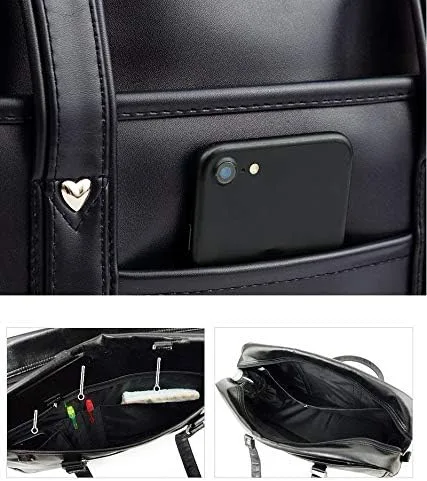 Miniatura 4 de Bolso de hombro japonés grande, de piel sintética, Kawaii con pompón de leopardo rosa (tamaño grande A3, ventana de corazón negro), Negro