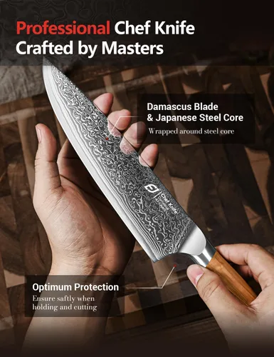 Miniatura 6 de Juego de cuchillos de cocina de Damasco Emojoy, 3 piezas de cuchillos de chef japoneses, cuchillo de 67 capas de Damasco con mango de madera