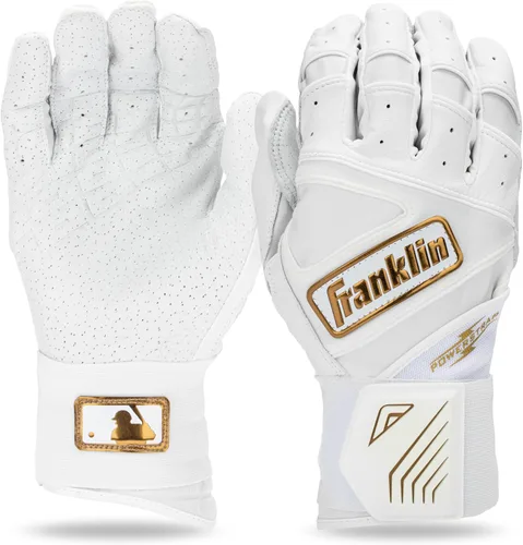 Franklin Sports MLB - Guantes de bateo Infinite Powerstrap para béisbol + sóftbol de puño largo, para adultos y jóvenes Blanco/Dorado