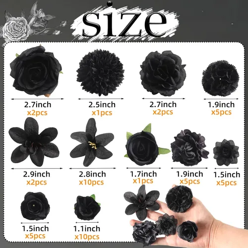 Miniatura 2 de rongflower Cabezas de flores falsas para manualidades, rosas artificiales de seda negra, peonías, margaritas y cabezas florales (paquete de 48)