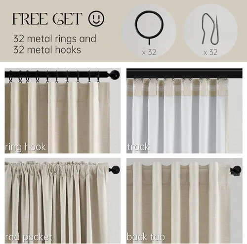Miniatura 3 de Topfinel Cortinas opacas, blanco beige, 2 paneles, ventanas pequeñas, textura, mezcla de lino, bohemia, abedul, rural, gancho, bolsillo trasero