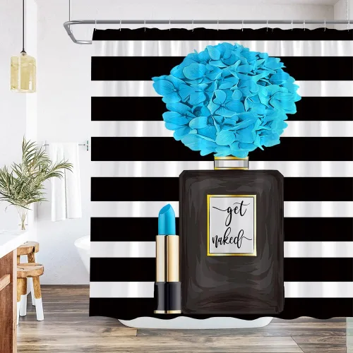 Cortina de ducha negra con diseño de flores para niña, mujer, pintalabios, encantadora decoración de baño, juego de baño con gancho, 36 pulgadas de