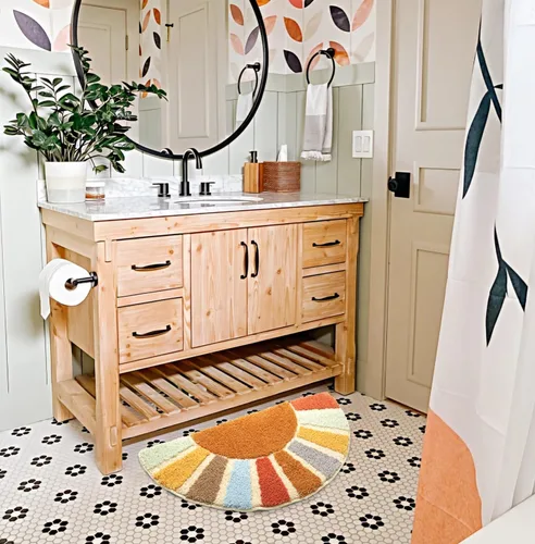 Miniatura 4 de Sunrise - Alfombras de baño bohemias, tapete de baño de medio círculo, lindo tapete de baño de sol, decoración de baño retro bohemio para el hogar