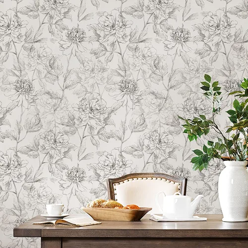 Miniatura 6 de JiffDiff Papel tapiz floral en blanco y negro con peonías removibles para despegar y pegar, papel de pared con diseño de flores esbozado