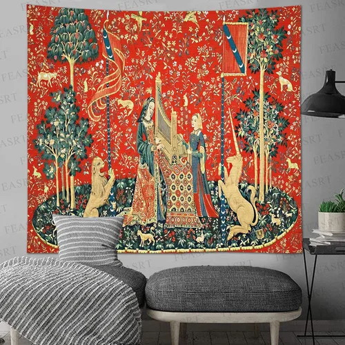 Miniatura 6 de Tapiz Real Medieval Europeo de la Reina Doncella y Unicornio, 90x84 Pulgadas de Flanela Suave, para Colección de Arte Decorativo de Arte de Pared