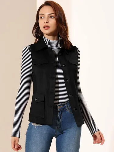 Miniatura 3 de Allegra K Chaleco de gamuza sintética para mujer, chaqueta sin mangas con botones y bolsillo tipo cargo