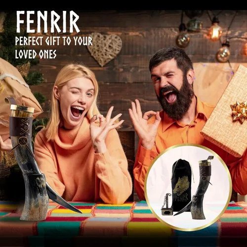 Miniatura 6 de FENRIR - Cuerno vikingo con soporte de 16 onzas, regalos para hombres, papá, esposo, taza de cuerno de buey natural con abridor de botellas Thor