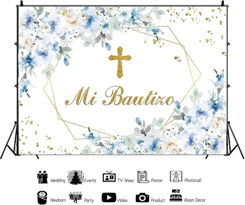 Miniatura 3 de Mi Bautizo - Telón de fondo de fotografía de flor de peonía azul, angel, primera comunión, bautismo, decoración de fiesta, bautizo, baby shower