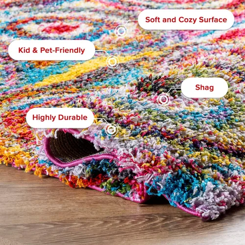 Miniatura 4 de nuLOOM Kindra Multicolor/Rojo, 7'10" Cuadrada, Círculos Bohemios, Suave y Acogedora, Alto Tráfico, Resistente a Manchas, Fácil de Limpiar, Alfombra