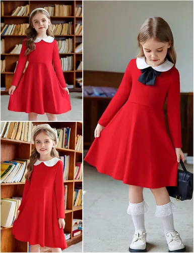 Miniatura 3 de Arshiner Vestido de manga larga para niñas, casual, vintage, con cuello de Peter Pan, vestido de fiesta con vuelo, de 3 a 14 años