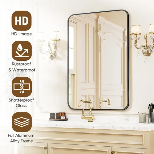 Miniatura 4 de Antok Espejo de baño con marco de metal negro de 22 x 30 pulgadas, espejo de pared con esquinas redondas, espejo de tocador para sobre el fregadero