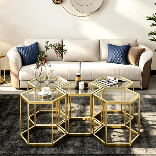 Miniatura 9 de Mesa auxiliar modular hexagonal, marco chapado en oro, parte superior de vidrio templado, mesa auxiliar geométrica, mesa anidable multiusos