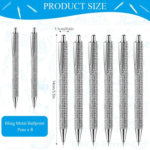 Miniatura 2 de Jeyiour 8 bolígrafos de diamantes de imitación brillantes de boda con diamantes de imitación de metal plateado, bolígrafo retráctil de cristal